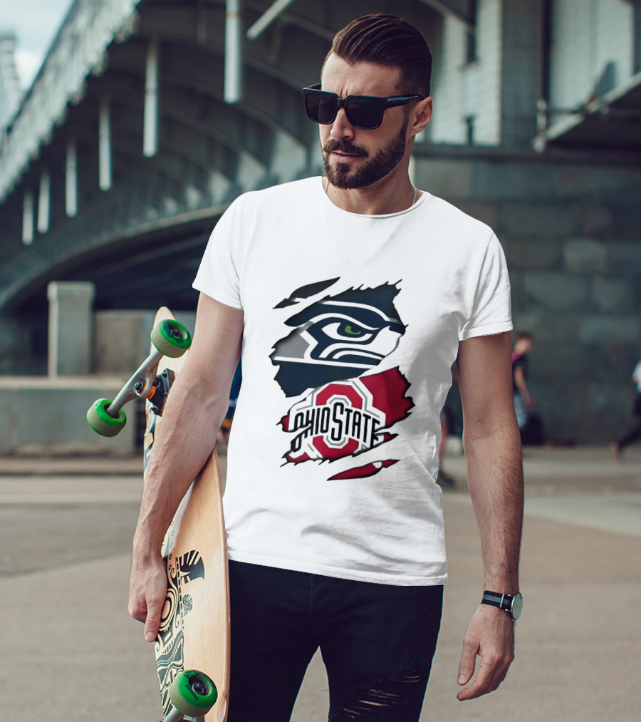 Seattle Seahawks Ohio State Buckeyes Distressed Logo Fusion T-Shirt