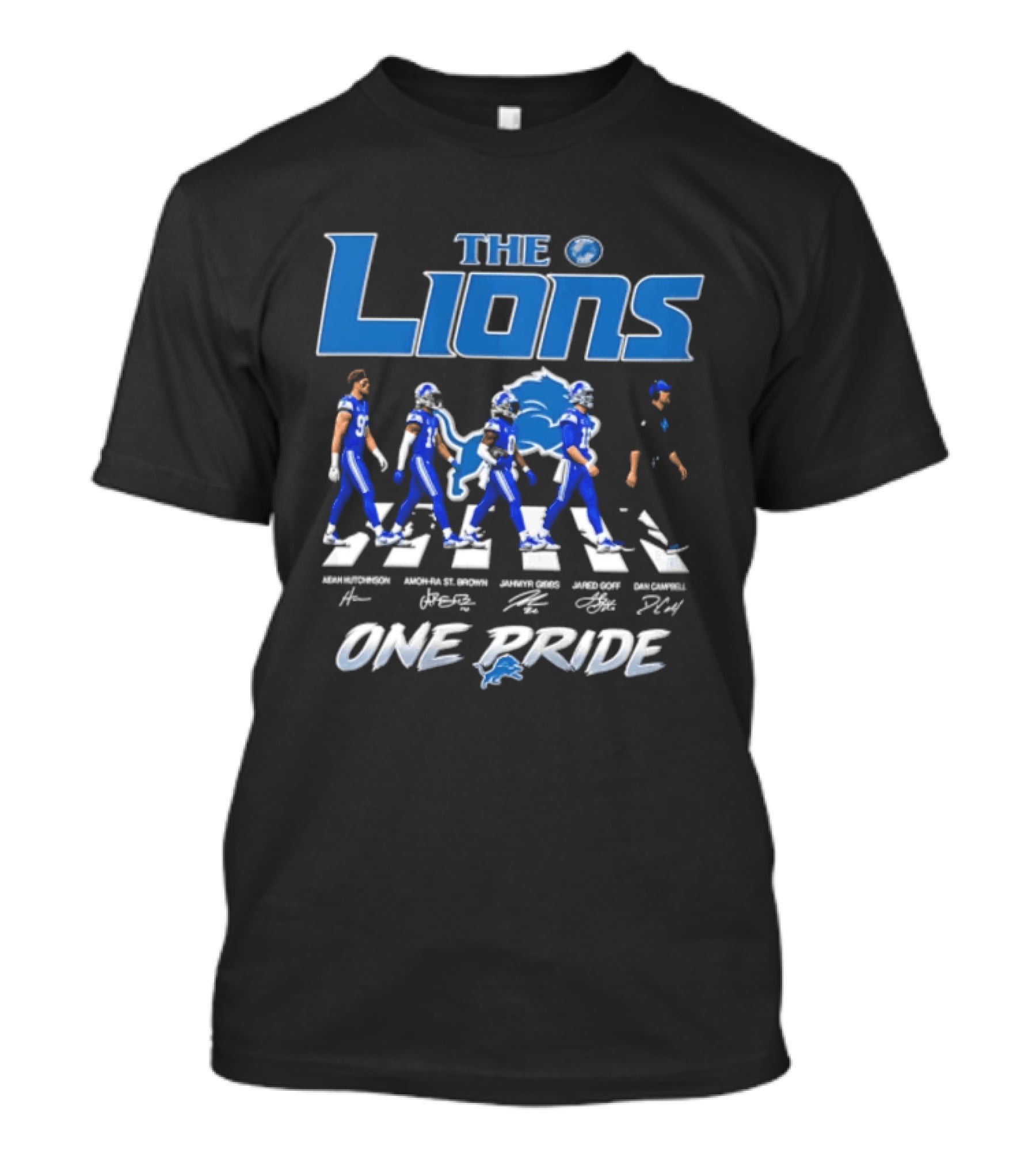 The Lions One Pride Aidan Hutchinson Amon Ra St. Brown Jahmyr Gibbs Jared Goff Dan Campbell T-Shirt