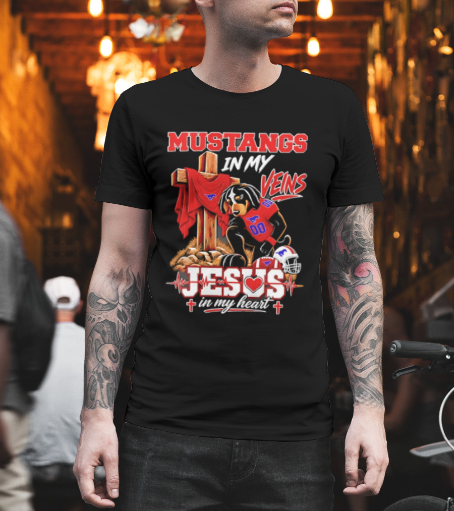Mustangs In My Veins Football Faith Jesus In My Heart T-Shirt