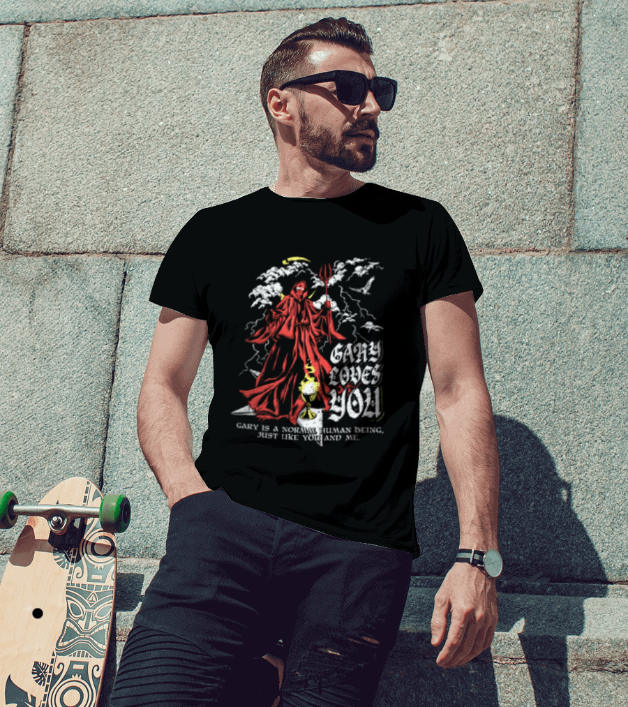 Gary Loves You Gary Is A Normal Human Being Just Like You And Me Red Cloaked Figure With Lightning And Clouds T-Shirt