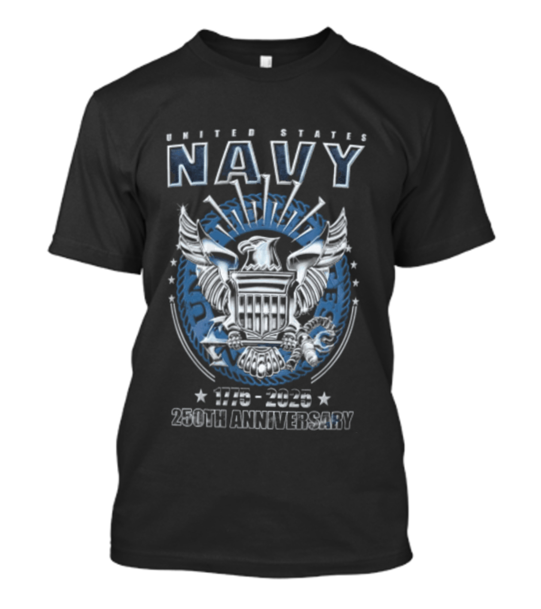 United States Navy 1775 2025 250th Anniversary Silver Eagle Holding Shield T-Shirt