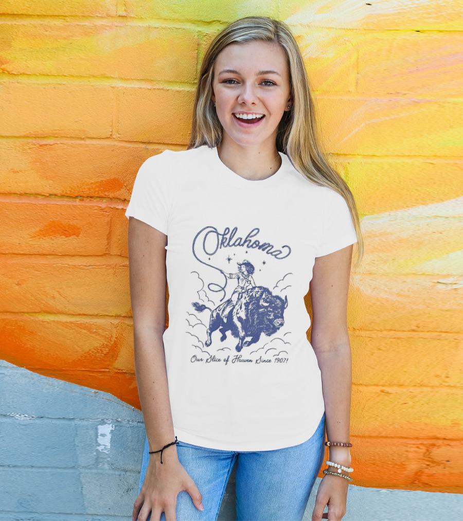 Oklahoma Our Slice Of Heaven Since 1907 Cowgirl Riding Buffalo T-Shirt