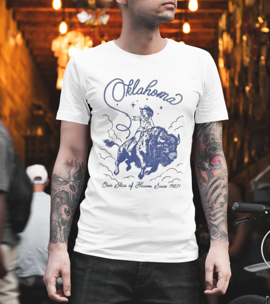 Oklahoma Our Slice Of Heaven Since 1907 Cowgirl Riding Buffalo T-Shirt