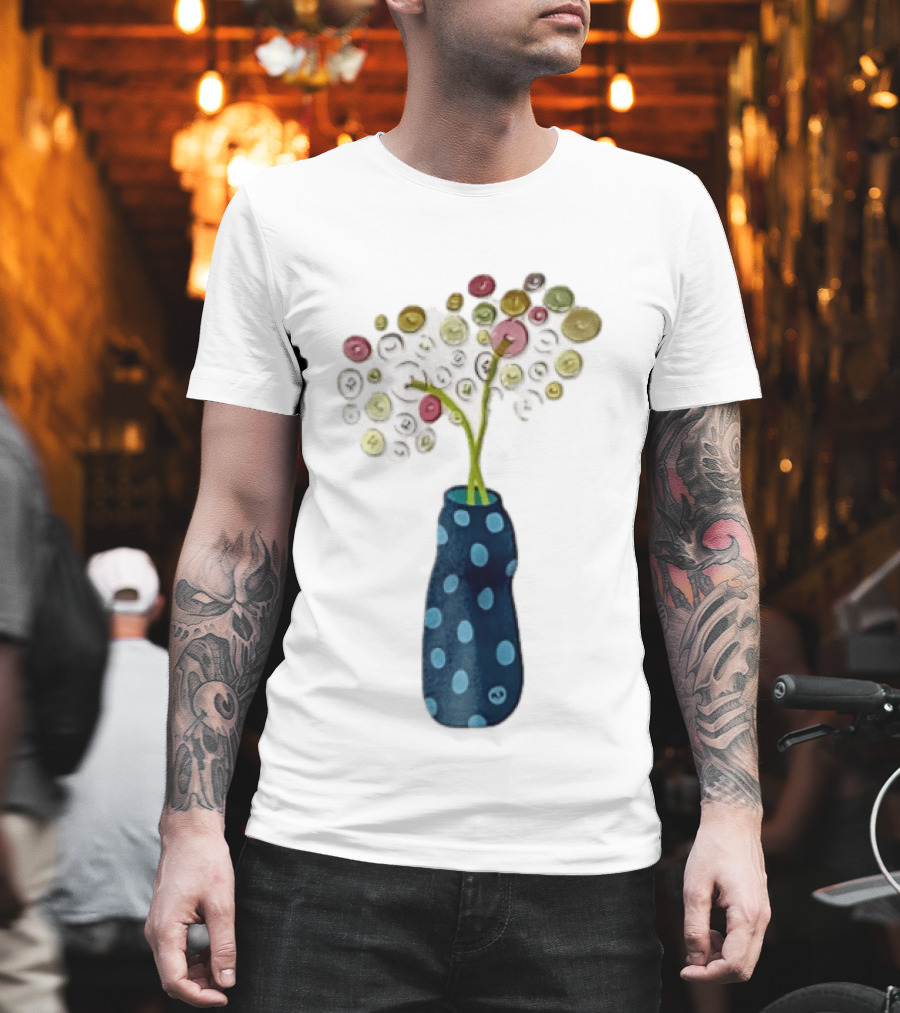 Polka Dot Vase With Colorful Button Flowers T-Shirt
