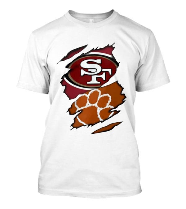 San Francisco 49ers SF And Clemson Tigers Paw Ripped Fabric T-Shirt