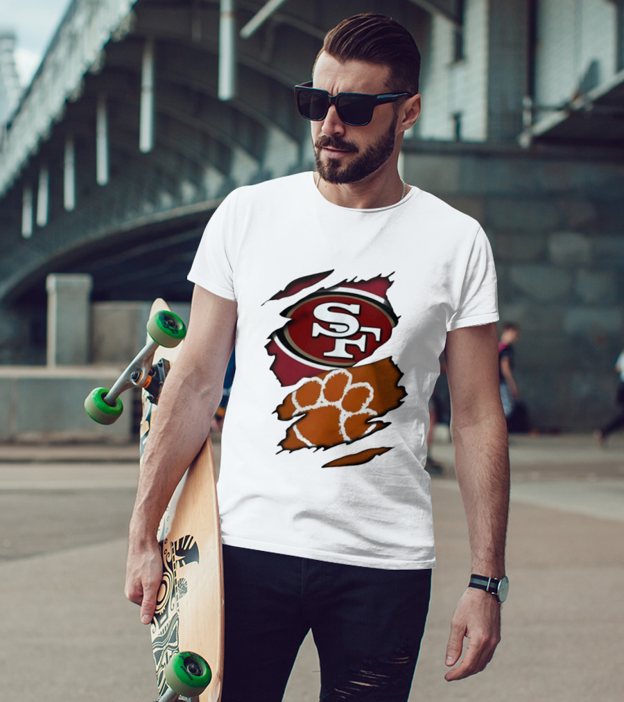 San Francisco 49ers SF And Clemson Tigers Paw Ripped Fabric T-Shirt