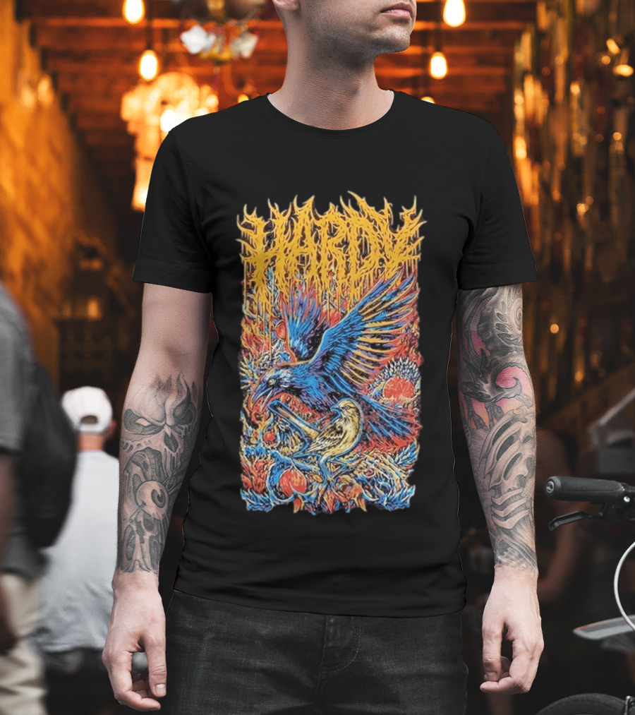 Hardy Blue And Yellow Birds With Fruit In Fiery Scene T-Shirt