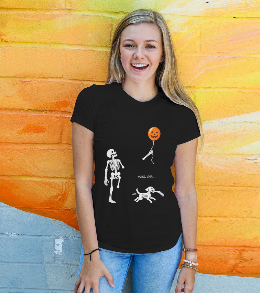 Skeleton Losing Halloween Pumpkin Balloon To Dog Well Shit T-Shirt