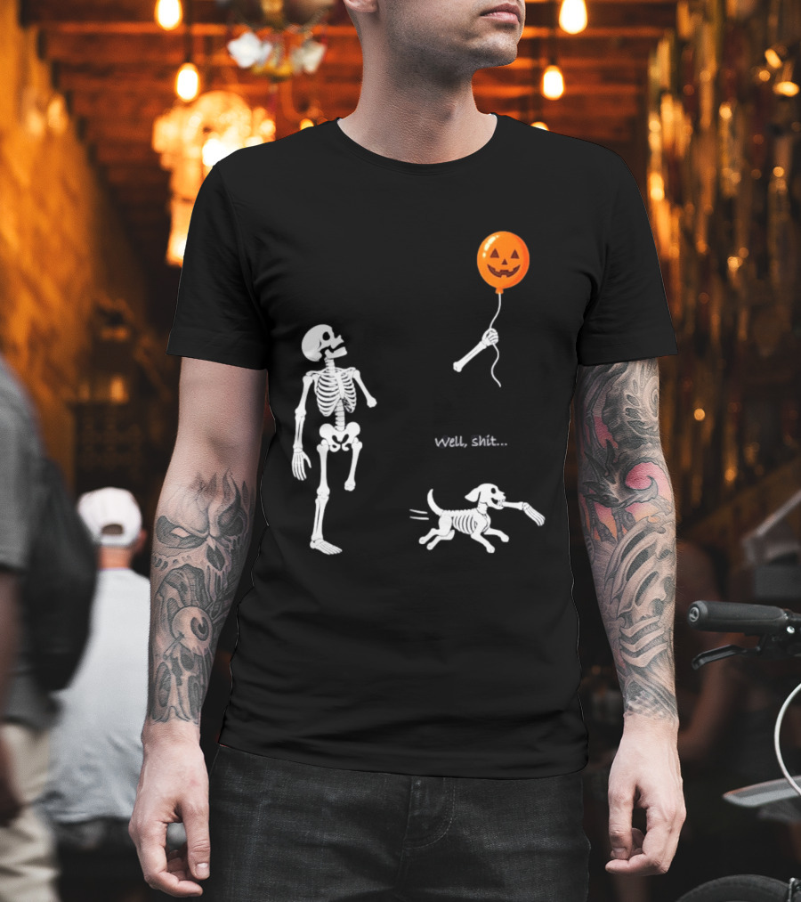 Skeleton Losing Halloween Pumpkin Balloon to Dog Well Shit T-Shirt