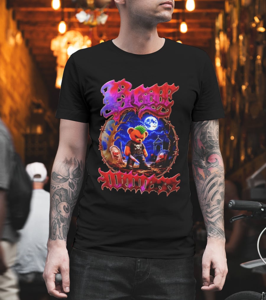 Bear Killers Punk Teddy Bear With Knife and Moonlit Graveyard Scene T-Shirt
