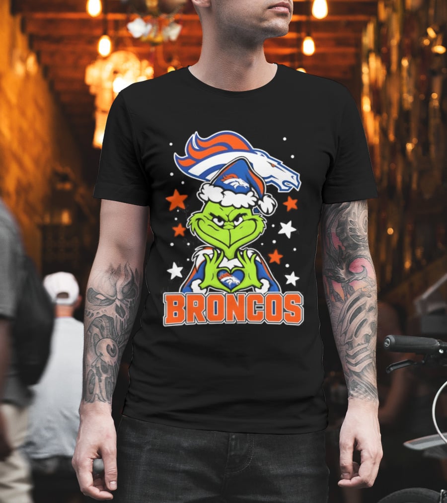 Broncos Christmas Grinch Heart Hands Love Denver Football T-Shirt