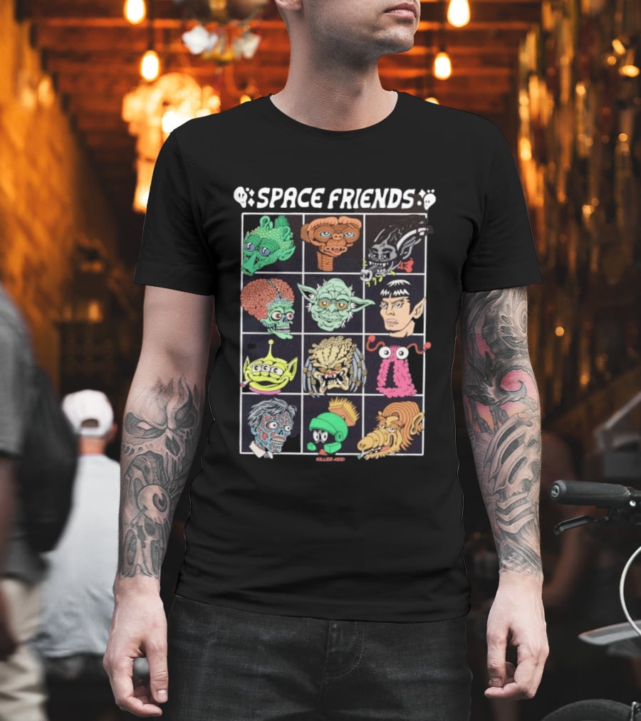 Space Friends Killer Acid Sci Fi Collage Alien Monster Characters T-Shirt