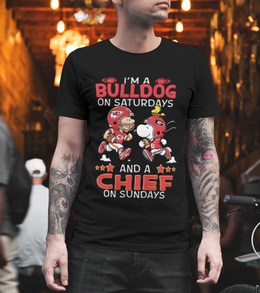 I'm A Bulldog On Saturdays And A Chief On Sundays Charlie Brown Snoopy Woodstock T-Shirt