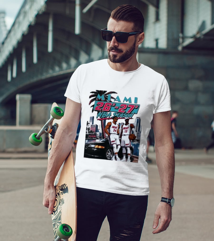 Miami Heat 26 27 NBA Season Palm Trees Skyline Players T-Shirt