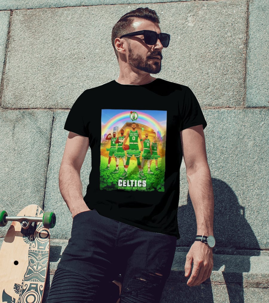 Boston Celtics 2026 2027 NBA Season Tatum George White Robinson Pritchard Basketball Team Players Under Rainbow Scene T-Shirt