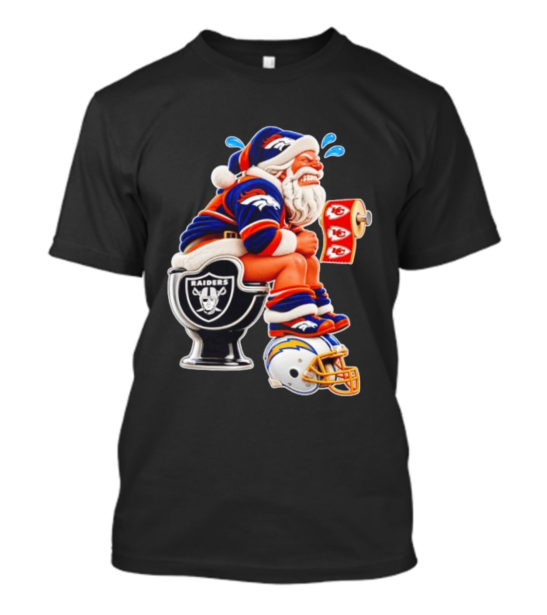 Denver Broncos Santa Claus Raiders Toilet Chiefs Paper Chargers Helmet T-Shirt