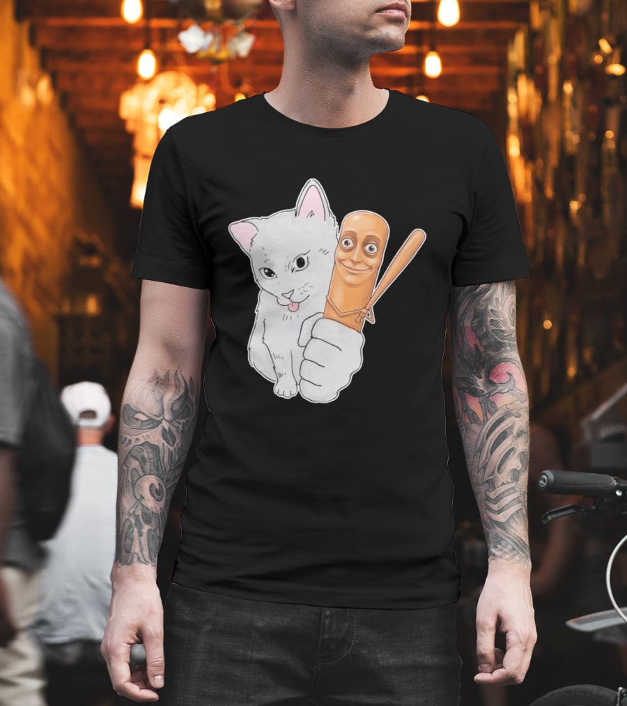 Gray Cat with Smiling Baseball Bat T-Shirt