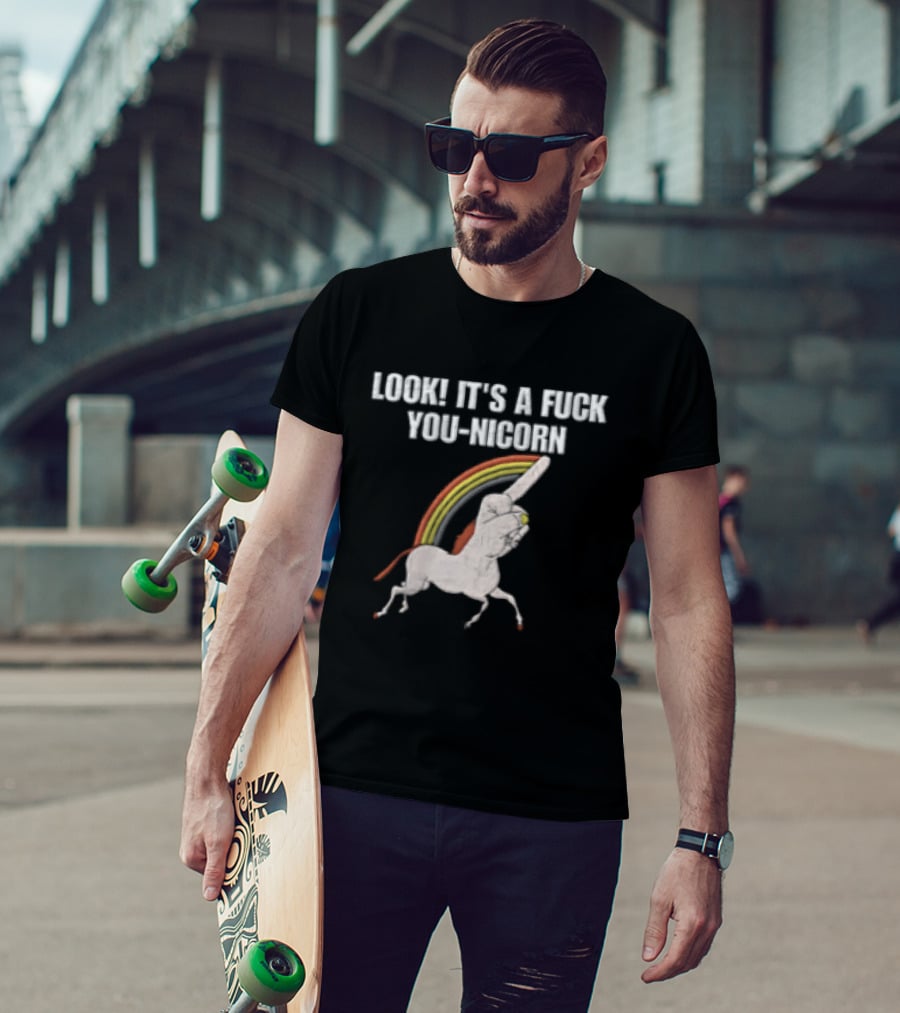 Look It's A Fuck You Nicorn Unicorn Hand Middle Finger Rainbow T-Shirt