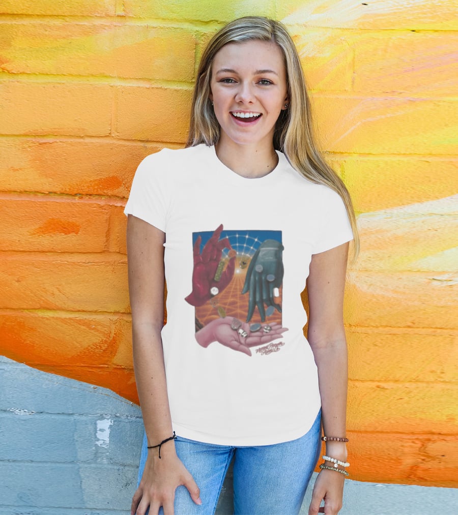 Nothing Personal X Asaali Surreal Hands With Coins And Geometric Grid T-Shirt