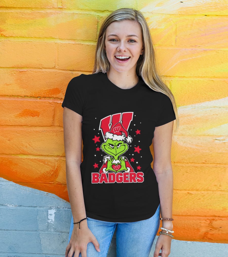 Grinch Wearing Wisconsin Badgers Hat Christmas Sports Fan T-Shirt