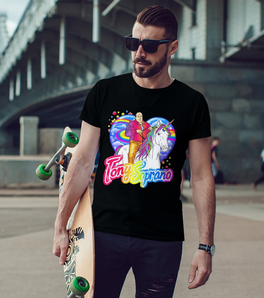 Tony Soprano Riding Rainbow Unicorn With Heart And Stars T-Shirt
