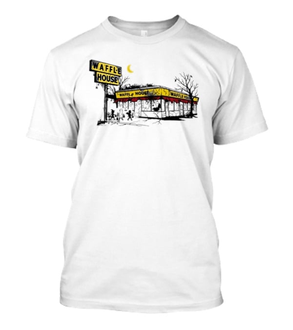Haunted Waffle House Halloween 2026 Spooky Night Scene With Moon And Trees T-Shirt