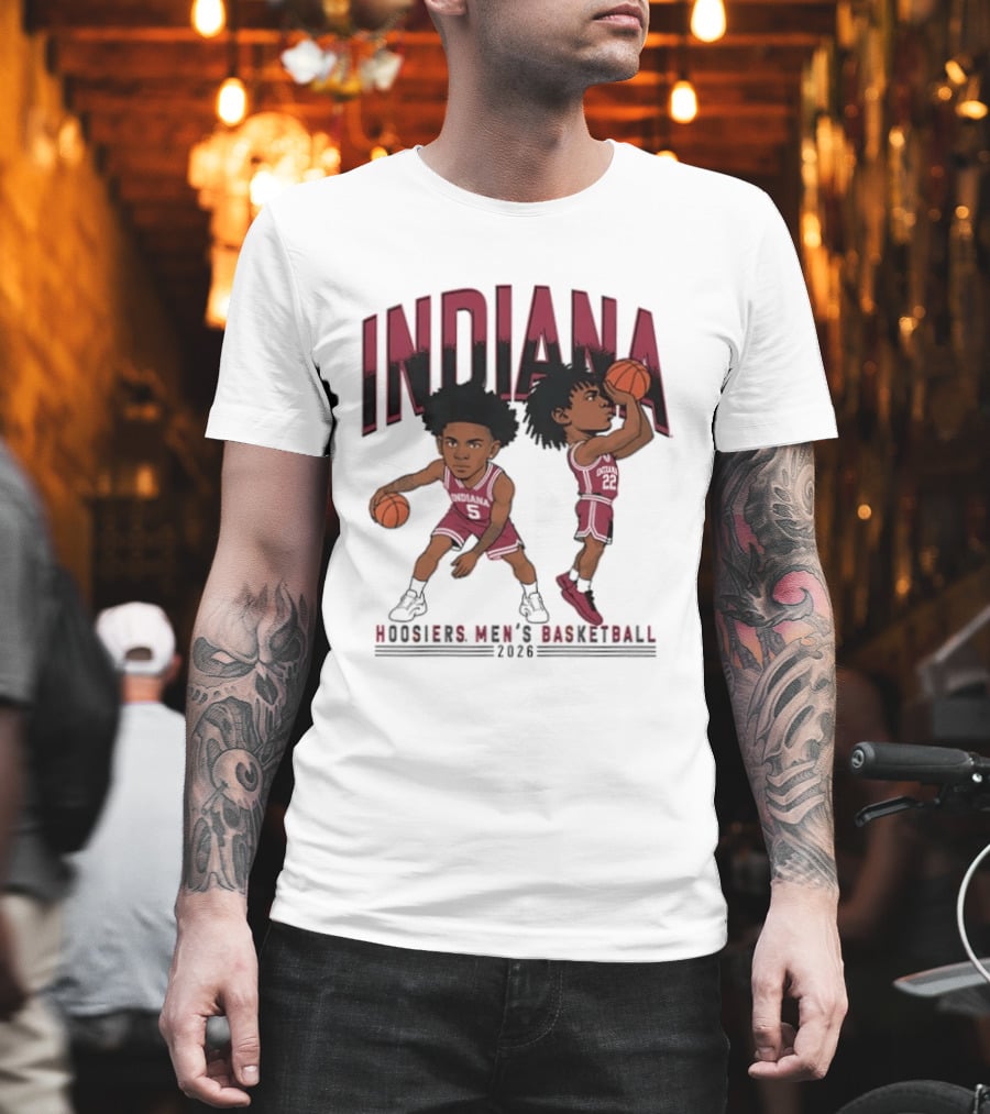 Indiana Hoosiers Men's Basketball 2026 Vintage Cartoon Players Dribbling And Shooting T-Shirt
