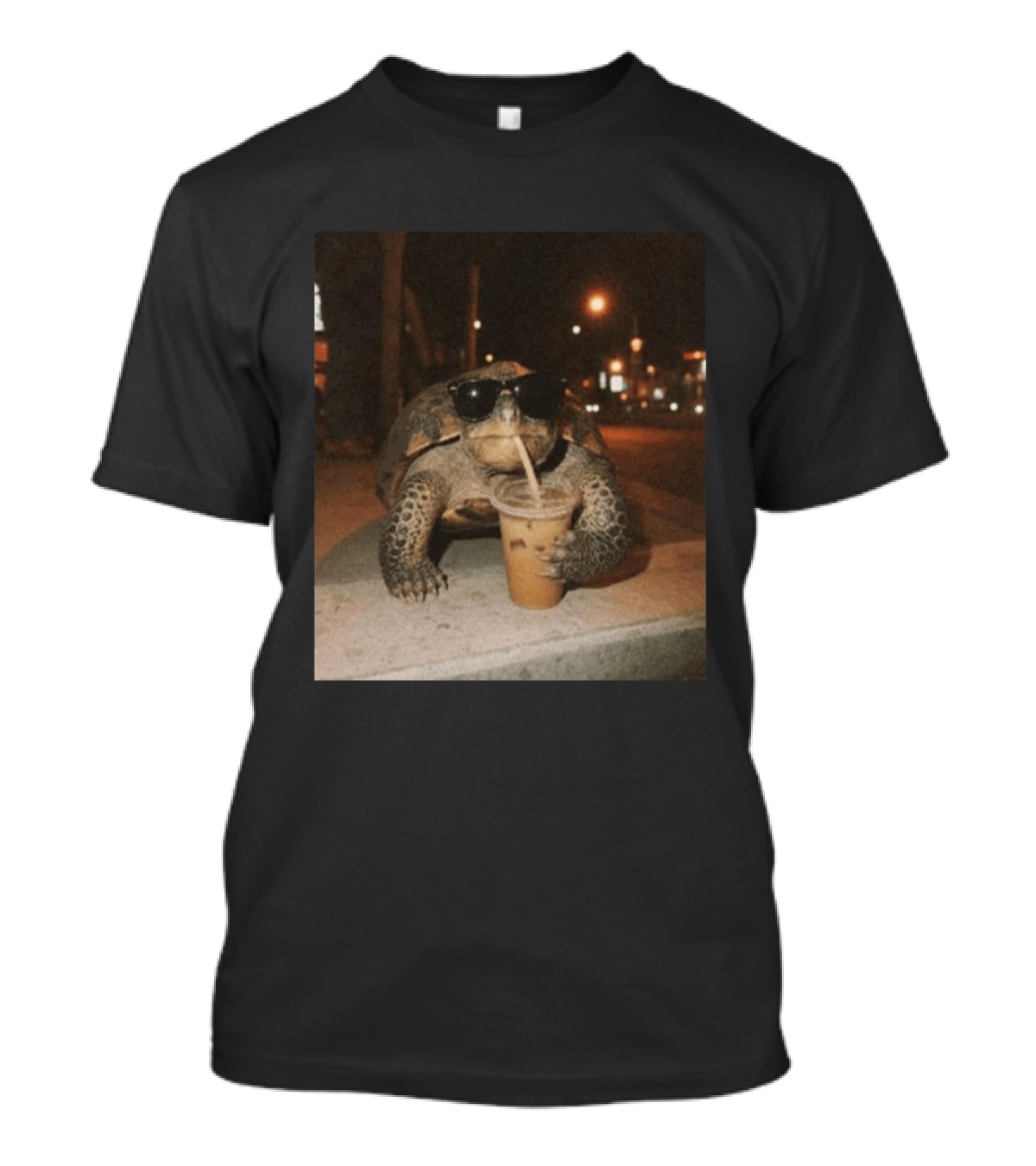 Turtle Wearing Sunglasses Drinking Iced Coffee At Night T-Shirt