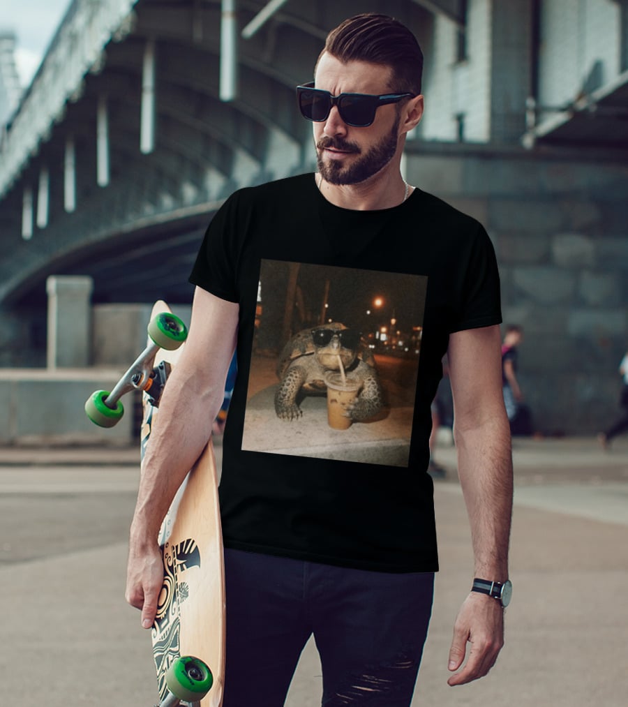 Turtle Wearing Sunglasses Drinking Iced Coffee At Night T-Shirt