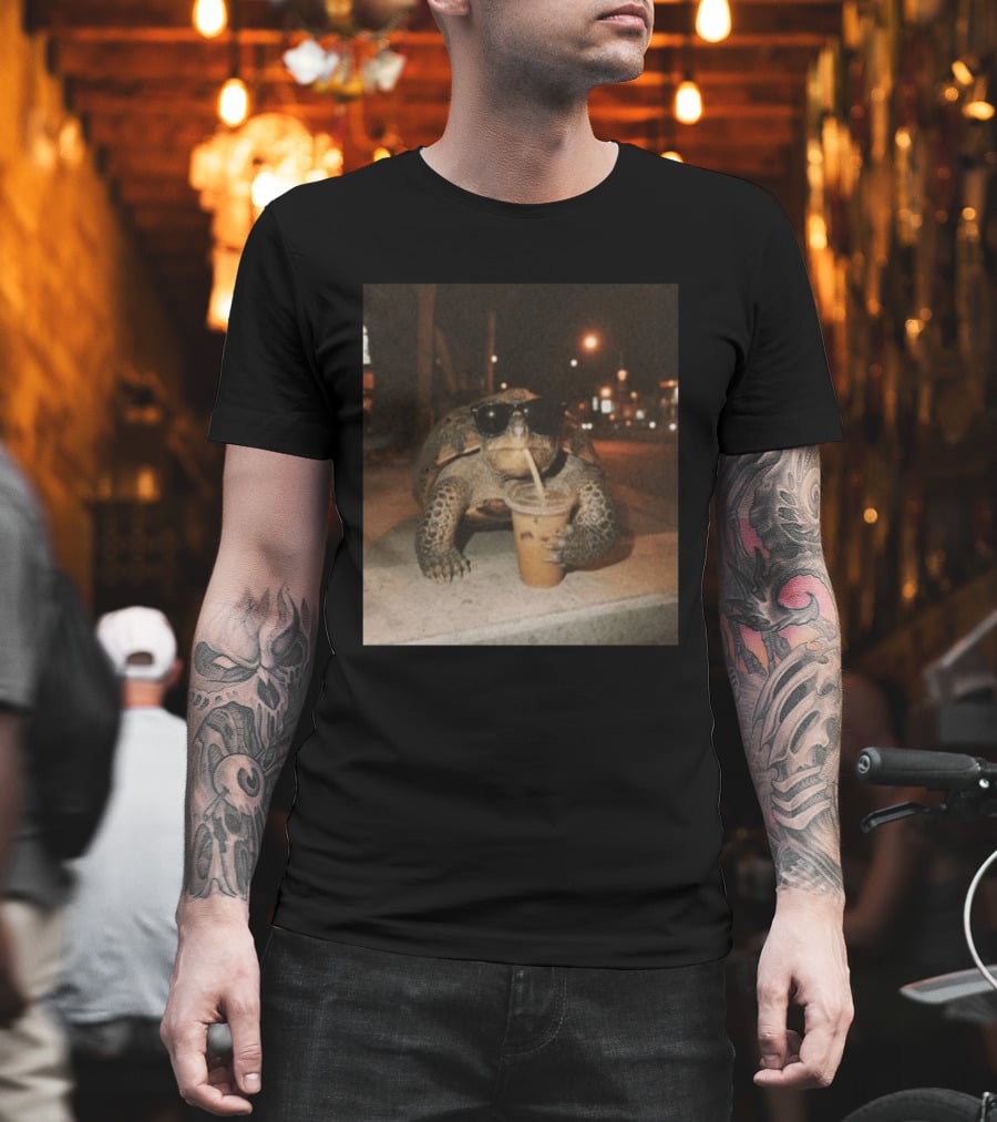 Turtle Wearing Sunglasses Drinking Iced Coffee At Night T-Shirt