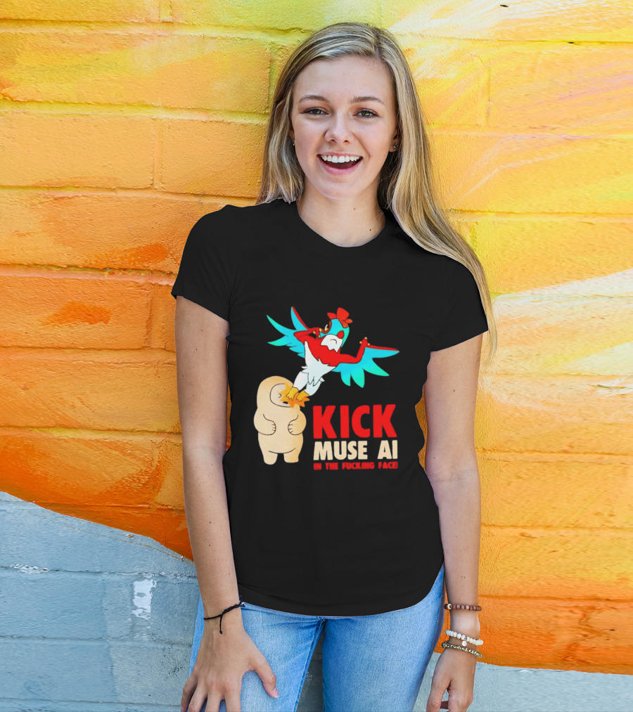 Kick Muse AI In The Face Protest Cartoon Bird Kicking T-Shirt