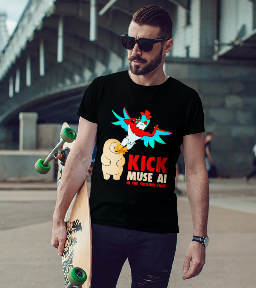 Kick Muse AI In The Face Protest Cartoon Bird Kicking T-Shirt