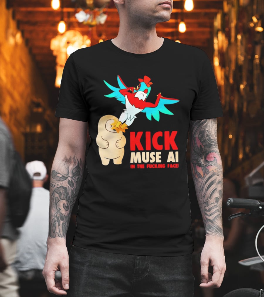 Kick Muse AI In The Face Protest Cartoon Bird Kicking T-Shirt