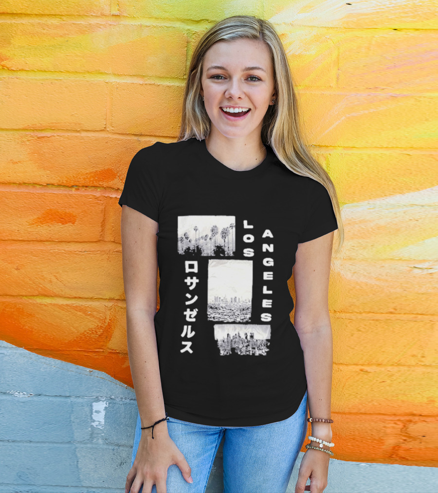 Los Angeles Cityscape With Japanese Text Satin Patch T-Shirt