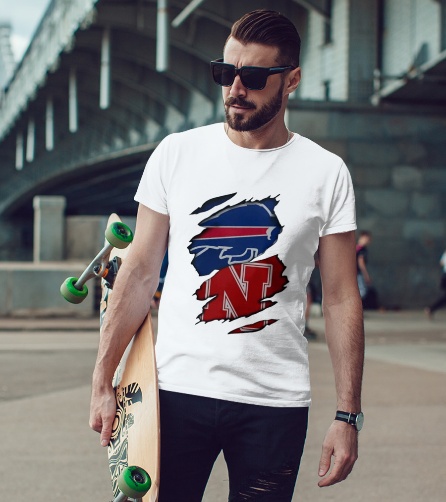 Buffalo Bills Nebraska Cornhuskers Ripped Effect Football Logos T-Shirt