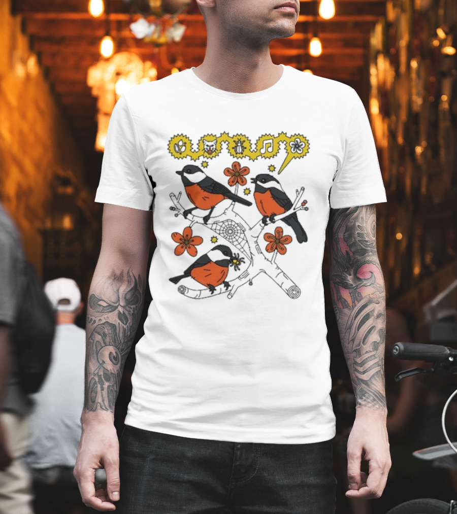 Chickadee Birds With Flowers And Music Notes T-Shirt