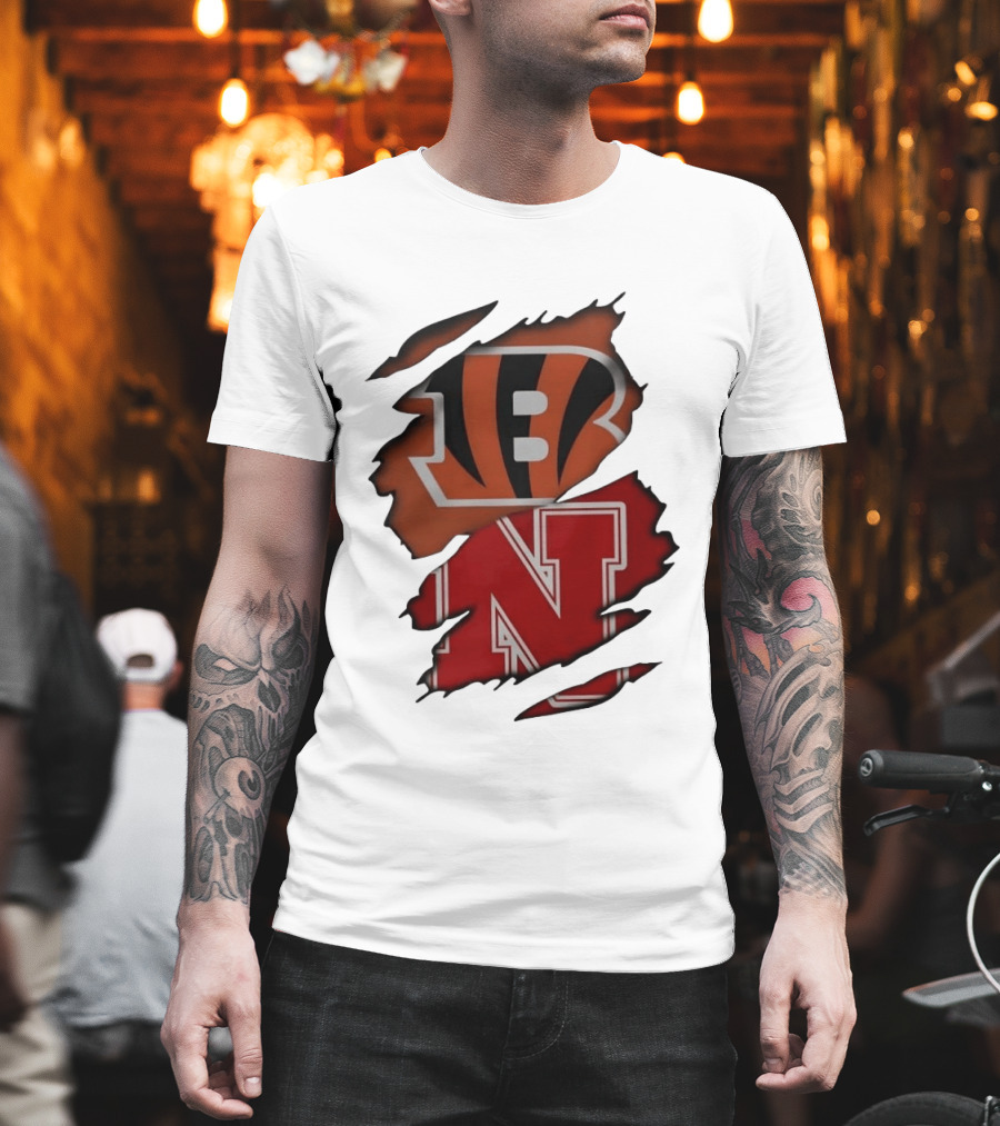 Cincinnati Bengals Nebraska Cornhuskers Combined Logos Ripped Fan Pride T-Shirt