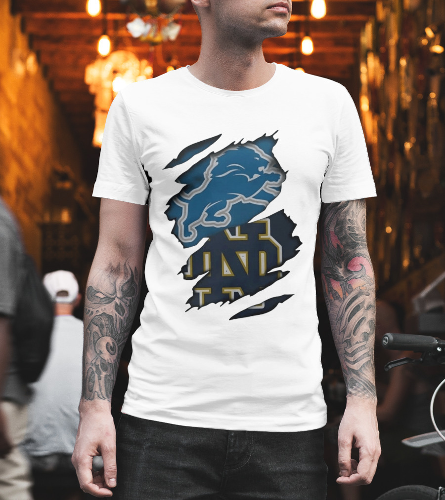 Detroit Lions Notre Dame Fighting Irish Distressed Logo Combination T-Shirt