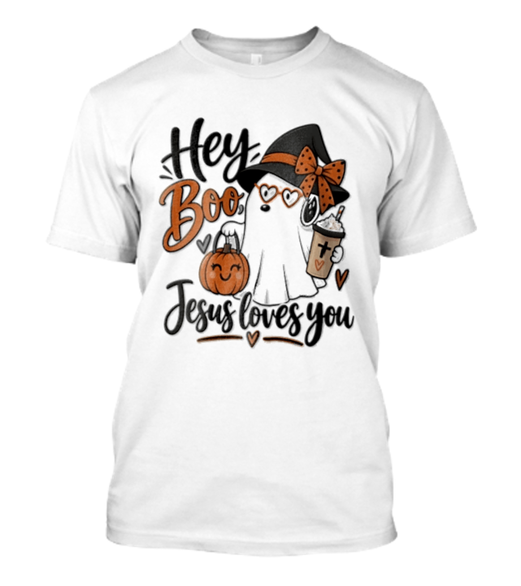 Hey Boo Jesus Loves You Ghost Witch Hat Glasses Pumpkin T-Shirt