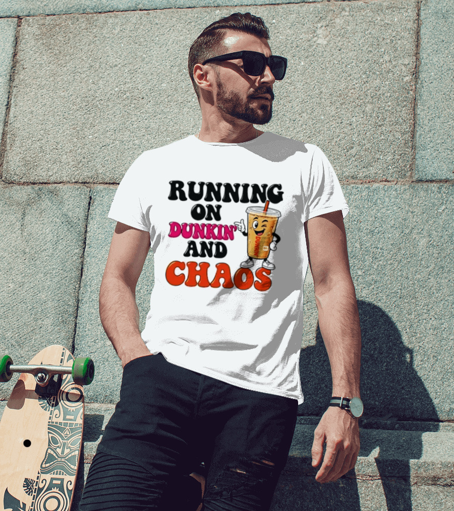 Running On Dunkin' And Chaos Coffee Winking Iced Drink T-Shirt