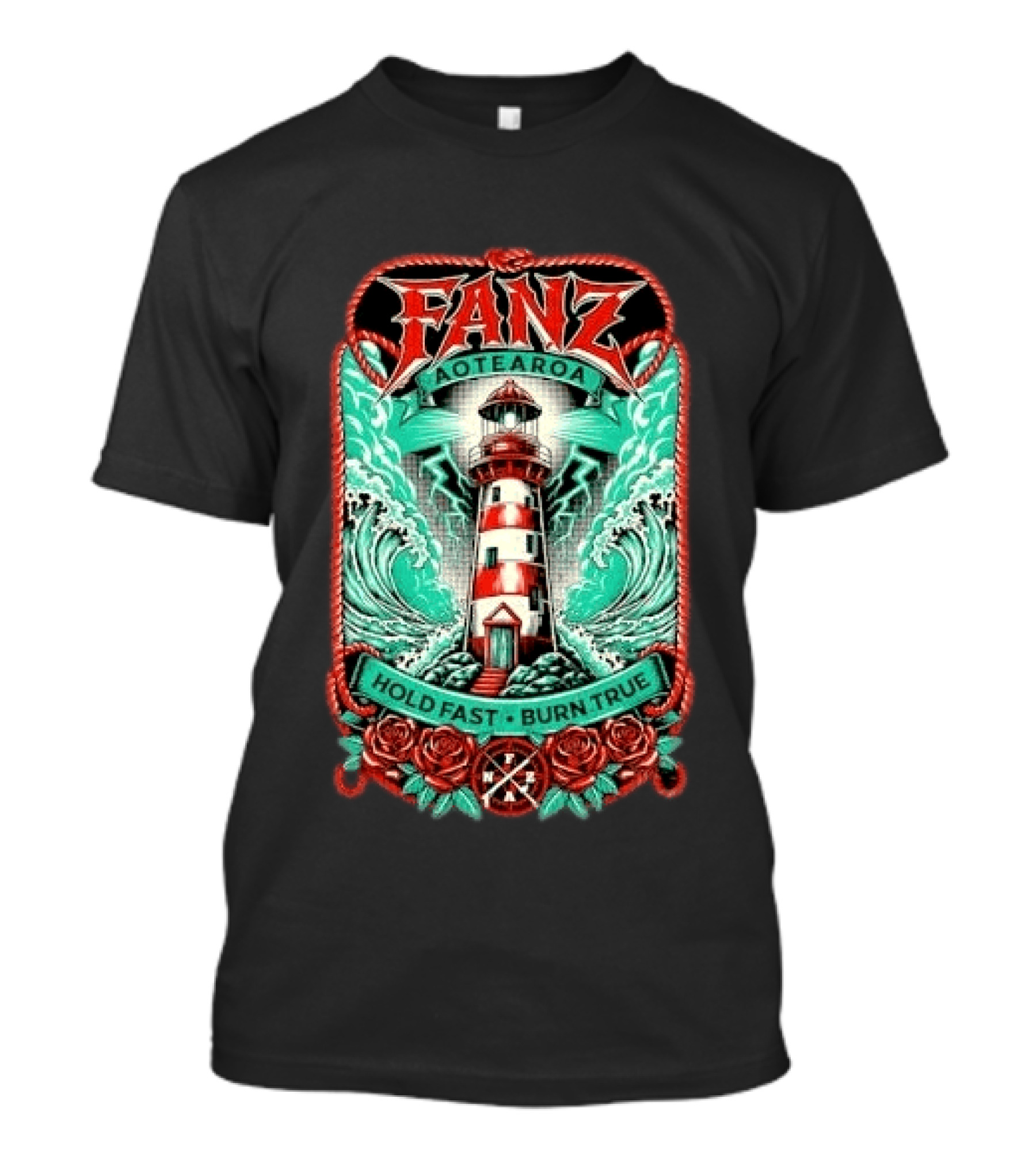 Fanz Aotearoa Hold Fast Burn True Striped Lighthouse Stormy Waves Lightning Roses Rope T-Shirt