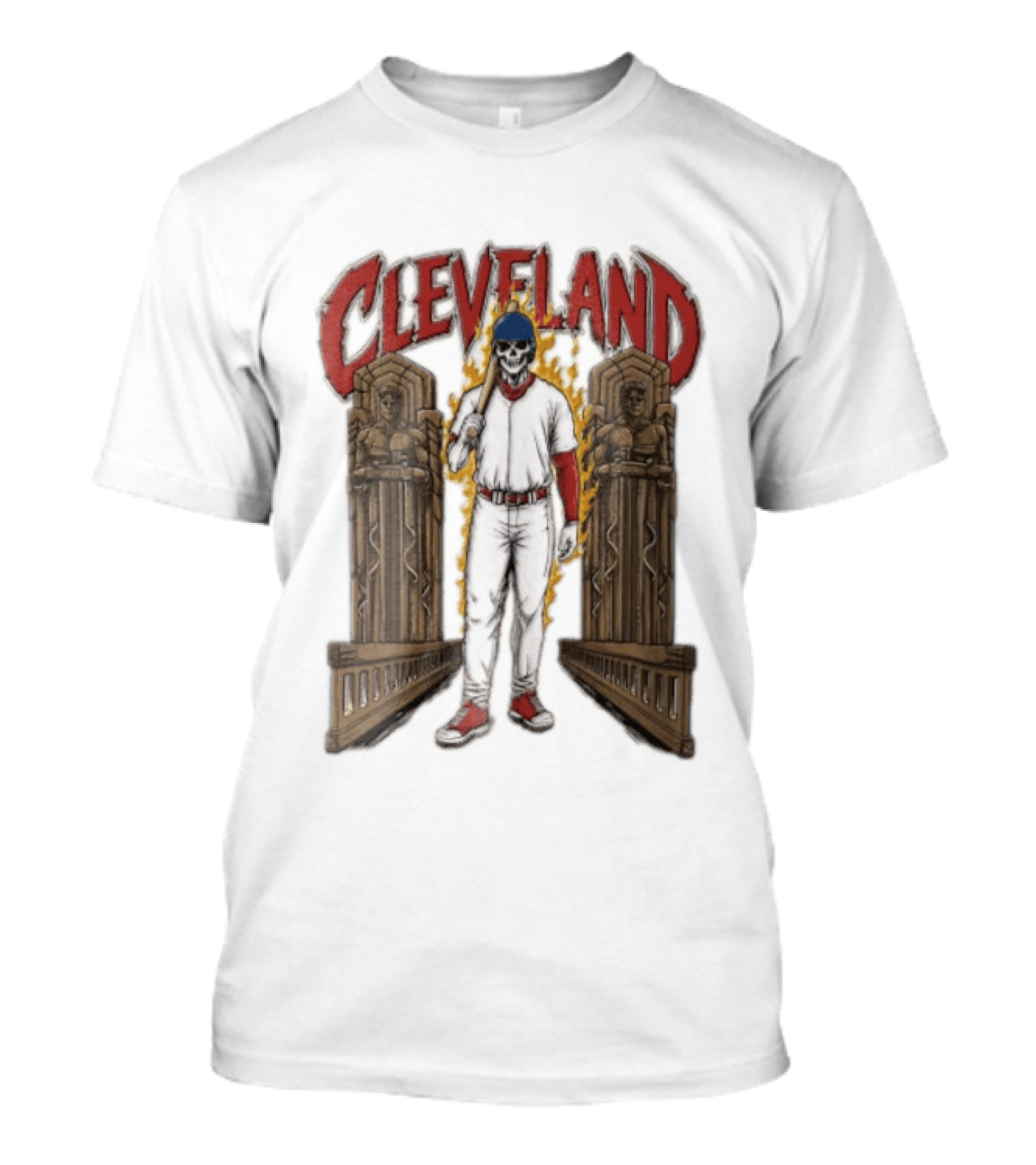 Cleveland Guardians Skeleton Baseball Player Flaming Statue T-Shirt