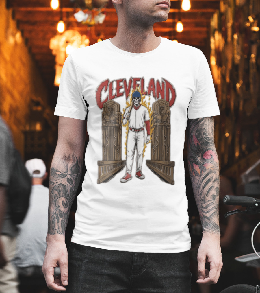 Cleveland Guardians Skeleton Baseball Player Flaming Statue T-Shirt