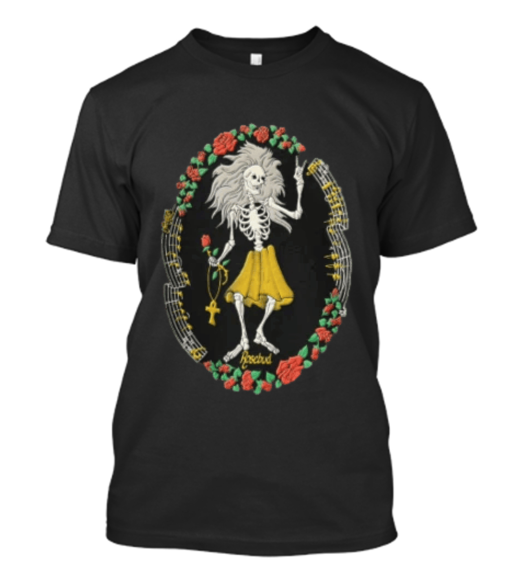 Peaceful Skeleton With Long Hair Yellow Skirt Roses And Ankh T-Shirt