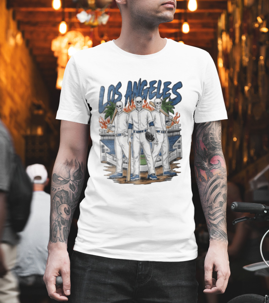 Los Angeles Skeleton Baseball Players Stadium Flames Palms T-Shirt