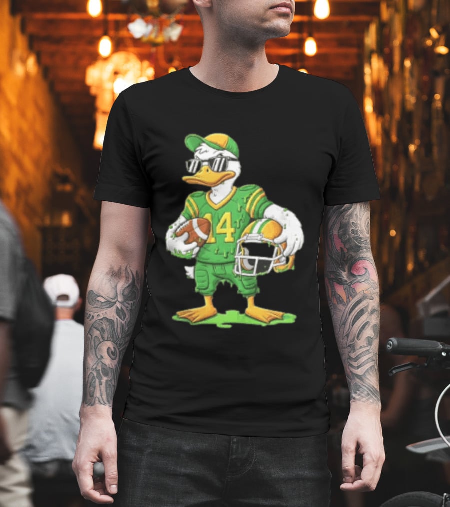 Duck With Sunglasses In Green Football Uniform Holding Helmet And Ball T-Shirt