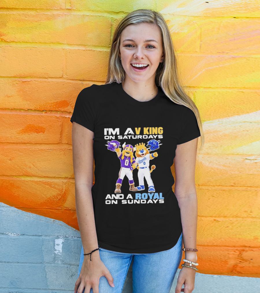 I'm A V King On Saturdays And A Royal On Sundays With Mascots Vikings And Royals Helmets T-Shirt