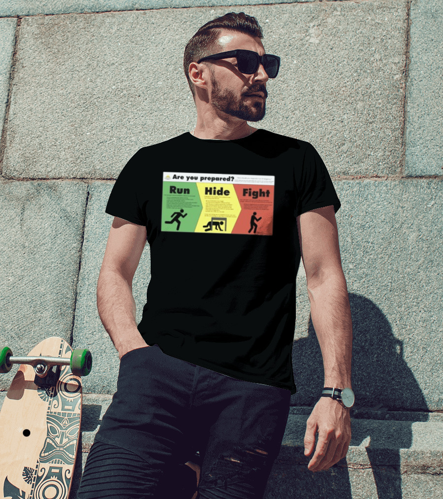 Grimykids Store Survival Guide Run Hide Fight Are You Prepared Emergency Strategy T-Shirt