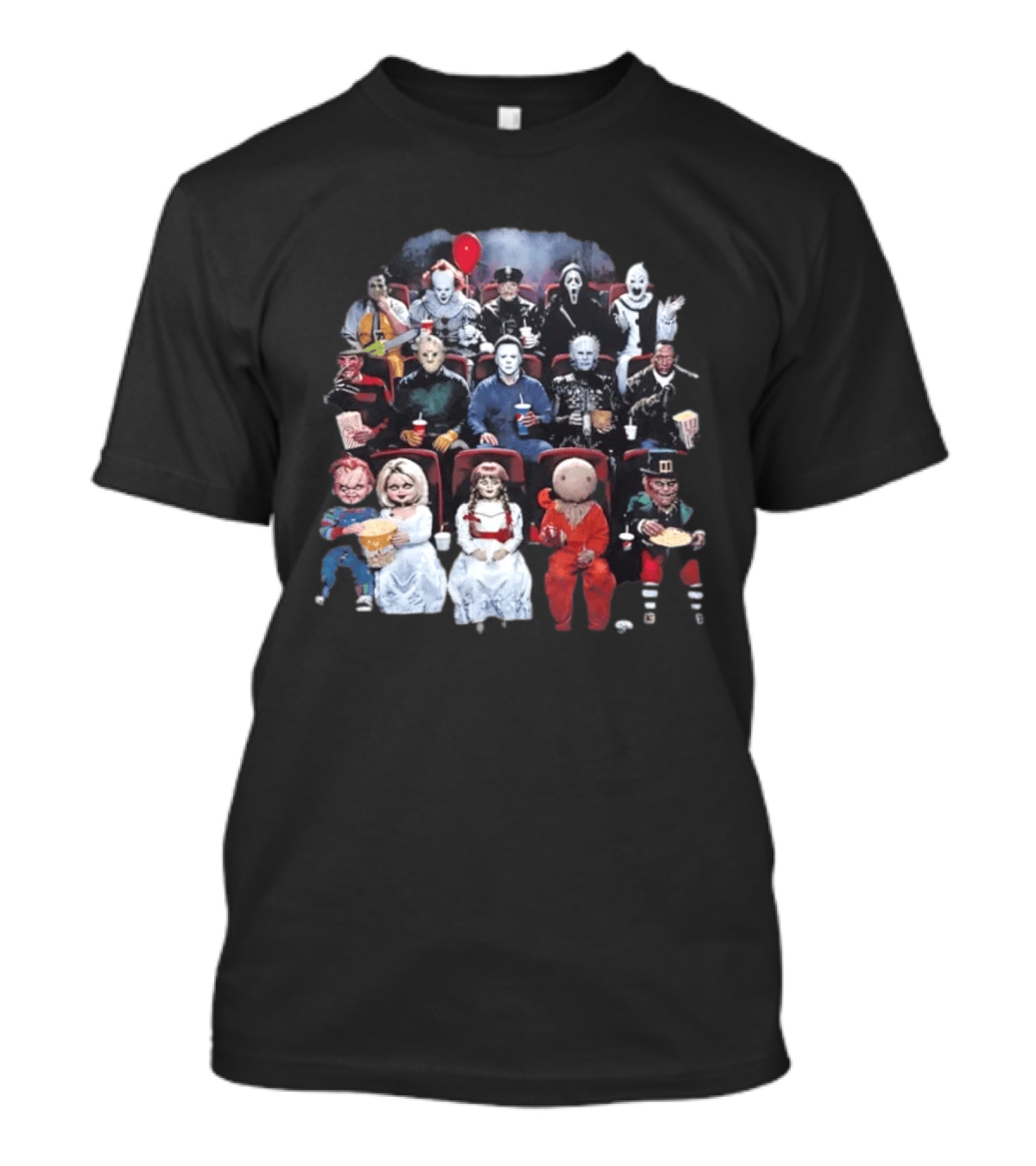 Horror Movie Characters In Cinema Seating With Popcorn And Drinks T-Shirt