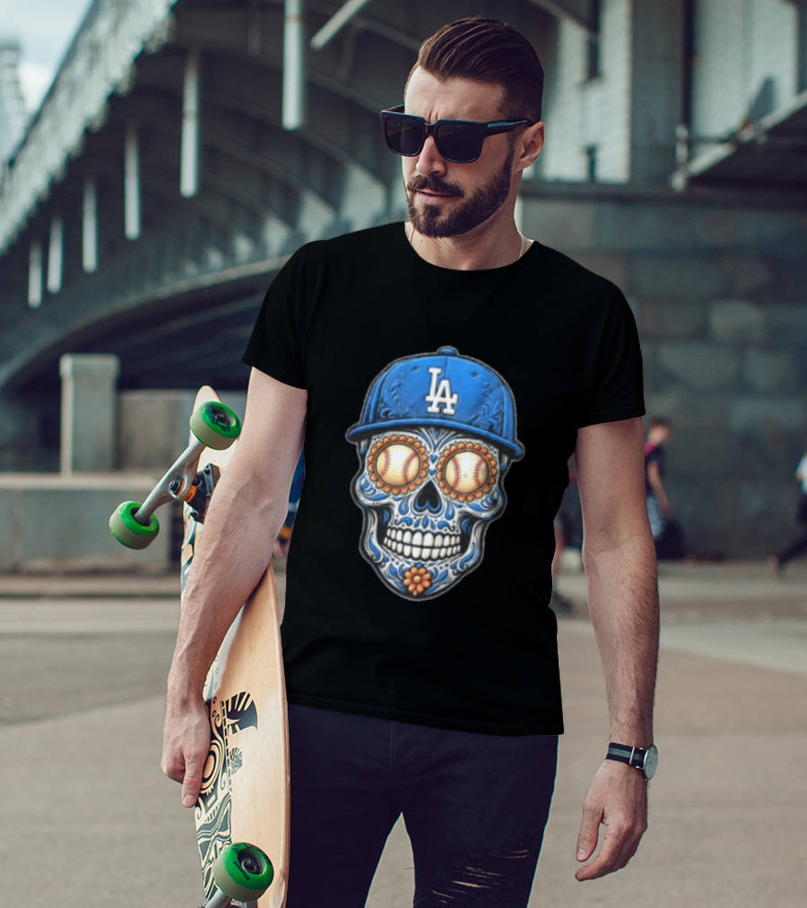 Los Angeles Dodgers Sugar Skull Baseball Eyes Hat MLB Fan Merchandise T-Shirt